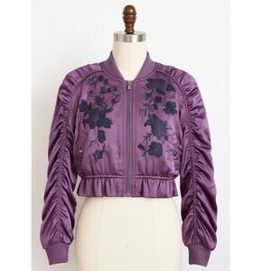 Anthropologie Embroidered Satin Bomber Jacket Purple XS NWOT